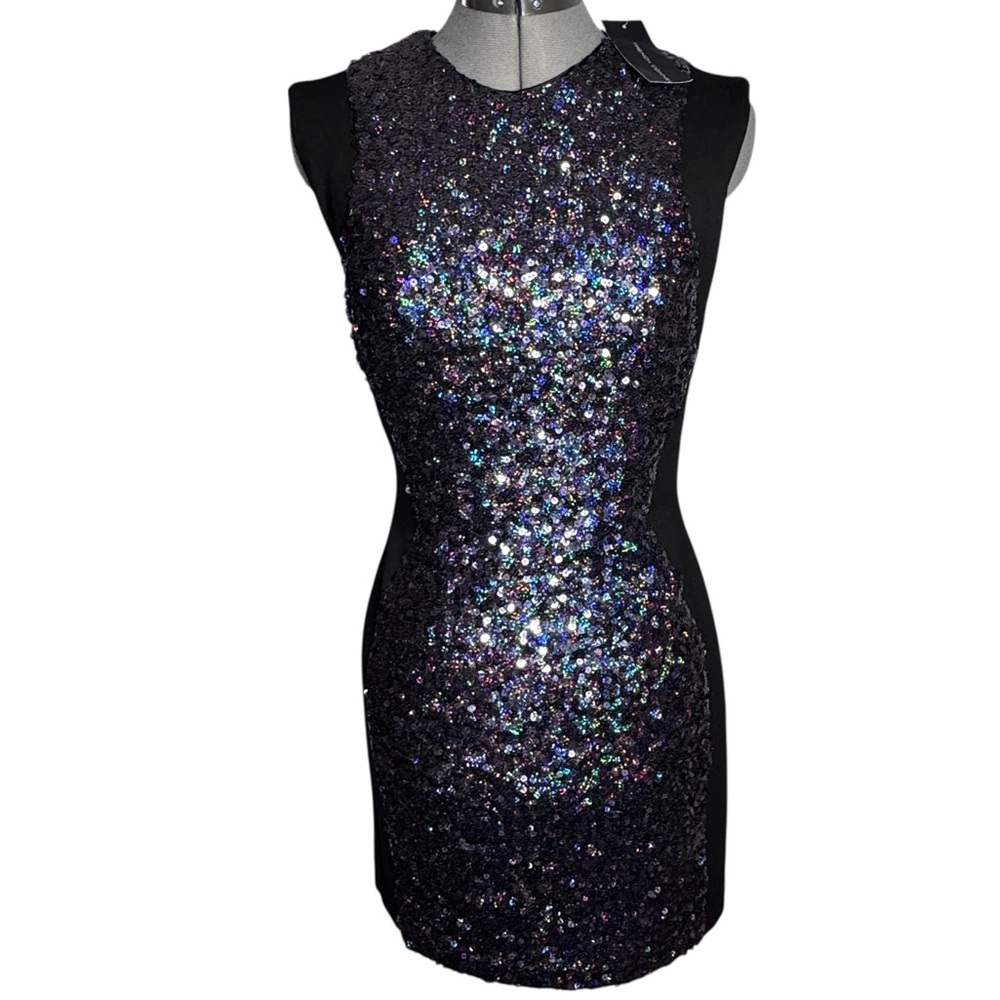 French Connection Lunar Sparkle Black/ Purple Festive Sequin Mini Dress - Size 6
